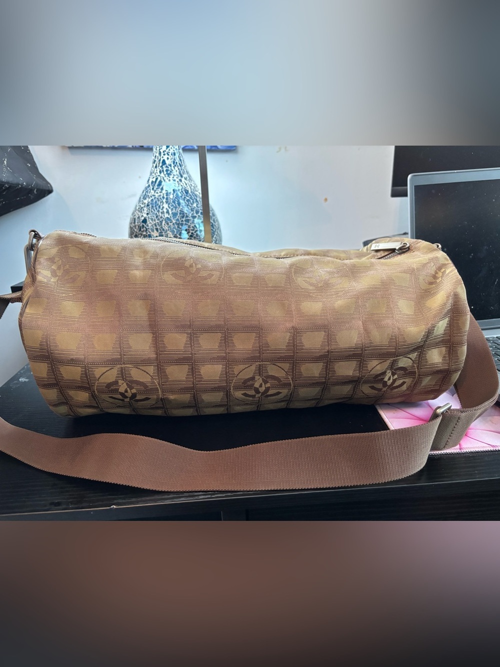Authentic Vintage Chanel Travel Ligne Nylon Jacquard Barrel Bag